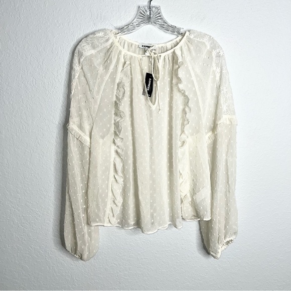 Express Top Women Small Blouse Shirt White Sheer Textured Ruffled Dot B16 - Picture 1 of 10